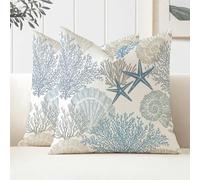 Miuyunya Waterproof Cushion Covers Pack of 2 50 x 50 cm Decorative Outdoor Cushion Cover Spring Summer Blue Starfish Shell Coral Cushion Cover Ocean Theme Decorative for Patio Garden Sofa