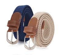 MIVAIUN 2 Pack Elastic Braided Belt, Unisex Stretch Belts, Slender Canvas Belt, Casual Belts, Braided Belt, with Covered Leather Buckle, for Jeans, Pants, One Size (blue、white)