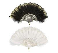 MIVAIUN 2-Piece Folding Feather Fan - Embroidered Flower Marabou Fan, 1920s Vintage Style for Costume, Halloween, Wedding, Party & Tea Party