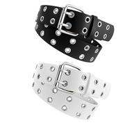MIVAIUN 2pcs Double Hole Rivet Belt Punk,Rocker Rivet Studded Strap,Pyramid Studded Belt,Square Buckle & Bonded Leather,studded Tie,PU Leather Vintage Punk Rock Grommet Strap for Jeans Pants (Black)