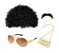 MIVAIUN 4-Piece Hippie Costume Accessories, Gold Afro Wig, Sunglasses, Necklace, Moustache, Unisex Adult Costume Set for 60s 70s Hippie Themed Party