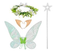 MIVAIUN 4Pcs Green Fairy Wings Set With Wands, Flower Headband, Elf Ears for Adult Women Kids - Halloween Themed Party Birthday Christmas (Green)