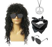 MIVAIUN 4Pcs Rocker Wig Set,70s 80s Disco Wig Costume Accessories for Men Women,Hippie Costume Set,Curly Rock Wig,Turban Peace Necklace Sunglasses for 80s Theme Party Halloween Carnival Party (Black)