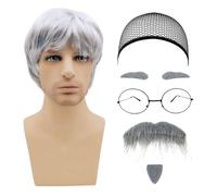 MIVAIUN 7 Pcs Grandpa Wig Set - Old Man Costume Accessories with Short Wig, Fake Beard, Eyebrows, Wig Cap, Glasses for Carnival Cosplay Party