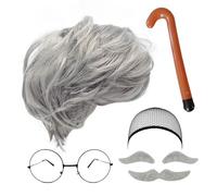 MIVAIUN 8 Pcs Grandpa Costume Set - Grey Wig, Mustache, Eyebrows, Wig Cap, Glasses, Inflatable Walking Stick - Men's Dress Up Costume Accessories for Party Cosplay Performances