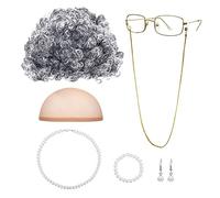 MIVAIUN Old Lady Costume Set With Granny Wig, Cap, Glasses Chain Cords, Faux Pearl Bead Necklace for Halloween Dress Up Hen Party, One Size
