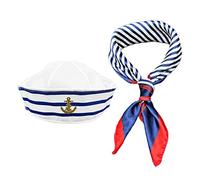 MIVAIUN Stripes Sailor Hat and Scarf Set，Blue and White Striped Sailor Captains Hat＆Red Edge Blue Bar Square Scarf，Navy Outfit Dressing Up Party for Women Men Costume Accessory
