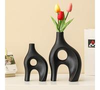Mivbehao Black Vases Home Decor Set of 2, Unique Farmhouse Large Black Ceramic Flower Vase, Boho Modern Decorative Donut Vase for Wedding Living Dining Room Entryway Bookshelf Coffee Table Decor