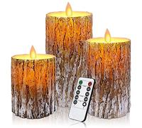 MIVITOOM Pine Bark LED Flameless Pillar Candles Battery Operated with Flickering Warm Yellow Light Moving Wicks, Pack of 3 (D 3”×H 4”5”6”) Real Wax Candles with Timer and Remote Control