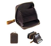 MIVLXLX RFID 11 Card Slots Credit Card Holder Genuine Leather Small Card Case for Women or Men Accordion Wallet with Zipper, coffee, Zipper Opening and Closing
