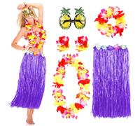 MIVOEDIK Grass Skirt for Adults, Women, Grils Hula Skirt for Hawaiian Luau Party Outfits with Flower Leis and Sunglasses, Purple, Large