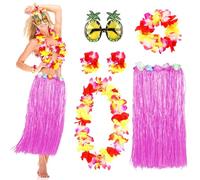 MIVOEDIK Grass Skirt for Adults, Women, Grils Hula Skirt for Hawaiian Luau Party Outfits with Flower Leis and Sunglasses, Pink, Large
