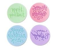 Mivofun 4Pcs Happy Birthday Fondant Embosser 3D Design Acrylic Mould Cookie Stamp, Cookie Cutters for DIY Baking Cake/Sugar Paste/Cupcake/Chocolate (3.15 inch, Random Colors)