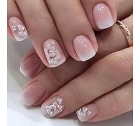 Mivota French Press On Nails Short Square White Nude Gradient False Nails Delicately Adorned with White Silver Flowers Reusable Glue On Nails for Women Kit 24Pcs