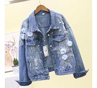 MIVY Denim Jacket, Women'S Denim Jacket White Three-Dimensional Floral Embroidery Long Sleeve Button Bomber Jean Jacket Vintage Ripped Denim Coat Autumn Transition Casual Outwear,Xl