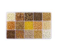 Mix 15 Color Glass Seed Tube Beads Glass Bugle Beads Loose Kit for Jewelry Making DIY Craft Beading (Mix 15 Color, Gold)