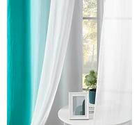 Mix and Match Blackout Curtains - Bedroom Solid White 90% Blackout Window Panels & Teal Ombre Chiffon Sheer Curtains Double Layer Thermal Insulated Drapes for Living Room Grommet, 52" Wx63 L, 4pcs
