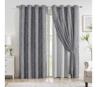 Mix and Match Curtains - Full Blackout Grey Curtain with Vintage Floral Grey Lace Curtains for Bedroom 84 Inch Length Living Room Solid Thermal Insulated 4 Piece Curtain Set, Grommet Top, 52" W