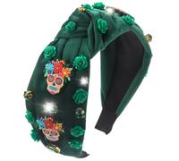 Mixcbe Halloween Sugar Skull Headbands for Women Day of the Dead Skull Flower Green Headband Festival Rhinestone Knotted Twist Wide Headband Hair Accessory Gifts (dead-green