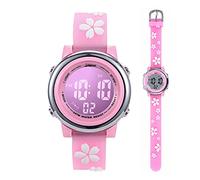 Mixe Kids Watches Girls Ages 5-11 Sports Waterproof 3D Cute Cartoon Digital 7 Color Lights Silicone Band Alarm Stopwatch Child Wristwatch Flowers Pink