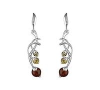 Mixed Amber Spray Fancy Dangly/Dangle Drop Sterling Silver Earrings for Women/Teenage/Girls - Mixed Orange/Yellow/Green Amber - Weight: 3.2 Grams. 080173