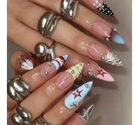 Mixed Color Manicure Tips 24 Pieces, Long Almond False Tips with Star Dot Stripe and Bead for Everyday Wear False Wearable Manicure
