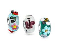 Mixed Garden Insect Set Bundle .925 Sterling Silver Core Translucent Multi Color 3D Lamp work Murano Glass Ladybug Butterfly Bumble Bee Charm Bead Spacer Fits European Bracelet For Women Teen