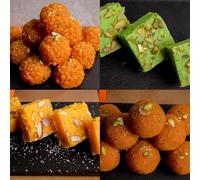 Mixed Indian Sweets Gift Box | Boondi Ladoo, Pistachio Barfi, Coconut Barfi & Motichur Ladoo - Pack of 4 piece (1 Each) | Traditional Mithai (Pack of 4)