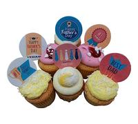 Mixed Pack of 12 Edible, Colourful, pre-Cut, Father`s Day Toppers. Six Different Designs, 2 of Each Design in The Pack. Approximately 38mm Round in Size.