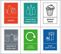Mixed Pack of 6 Multi Recycling Stickers for Bin (A6-100 x 150mm) Waterproof Recycling Bin Stickers Waste Bins, Food, Plastics, Mixed Paper and Card, Glass and General Waste Sara Prints®