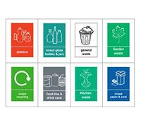 Mixed Pack of 8 Multi Recycling Bin Sticker - Bin Labels Food Plastics Mixed Paper & Card Mixed Glass General Waste Kitchen Waste Garden waste 8 decals (A6 - 150mm x 100mm) V1083 Sara Prints