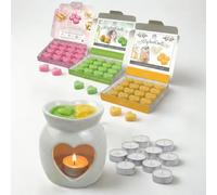 Mixed Perfume Deluxe Wax Melts Gift Set - Starter Pack - Heart Shaped Ceramic Burner - 3 x 16 Perfume Scented Wax Melts (Lady 1 Million, Lime Basil & Mandarin, Daisy) with 10 Tealights