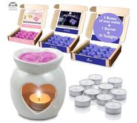 Mixed Perfume ECO Wax Melts Starter Kit - Heart-Shaped Ceramic Burner - 3 Eco Gift Boxes of 16 x 6g Perfume Wax Melts (Alien, Angel & Lady 1 Million) with 10 Tealights