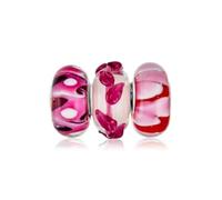 Mixed Set of Bundle .925 Sterling Silver Core Translucent Shades of Red Pink Floral Murano Glass Swirl Charm Bead Spacer Fits European Bracelet for Women Teen