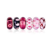 Mixed Set of Bundle .925 Sterling Silver Core Translucent Shades of Rose Pink Murano Glass Swirl Flower Charm Bead Spacer Fits European Bracelet for Women Teen