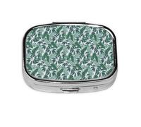 Mixed Tropical Leaves Plain Print Pill Box 2 Compartment Medicine Pill Case,Portable for Pocket Or Purse Pill Box Decorative Metal Medicine Organizer