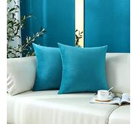mixeoo Comfy Dark Turquoise Throw Pillow Covers Decorative Square Solid Thick Velvet Super Soft Cushion Cases Home Decor for Sofa Couch Living Room Chair, Set of 2, 18 x 18 Inch