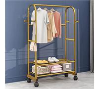 Mixfom Clothing Garment Rack with 2 Shelves, Free Standing Coat Stand on Wheel Clothes Rail with 4 Hooks for Bedroom and Dressing, Metal Frame (Color : Gold)