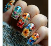 MIXFOSAHN 24 Pcs Press-on Nails, Square, Glossy, Floral Modern, Multicolor, ABS Material, Full Well Tips, False Nails, Easy to Apply, 12 Different Sizes, 1 Set