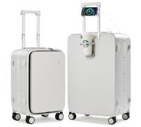 Mixi Carry On Luggage PC Hardside Rolling Suitcase with Spinner Wheel TSA Lock with Cup Phone Holder USB Charging Port, Smoke White, 20-Inch