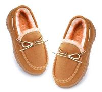 MIXIN Boys House Slippers Memory Foam Moccasin Shoes Furry Plush Lining Non Slip Indoor Outdoor Boys Slippers for Big Kids Little Kids Beige Size 13