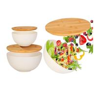 Mixing Bowls - 3 Piece Nesting Salad Containers with Wooden Lids for Food Storage Serving and Preparing Kitchen Tools Ideal for Fruit Bread Chips Vegetables Soup Meal Baking Cooking 3 Sizes