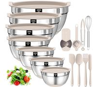 Mixing Bowls with Airtight Lids, 20 piece Stainless Steel Metal Nesting Bowls, AIKKIL Non-Slip Silicone Bottom, Size 7, 3.5, 2.5, 2.0,1.5, 1,0.67QT Great for Mixing, Baking, Serving (Khaki)