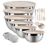 Mixing Bowls with Airtight Lids Set, 20 PCS Kitchen Gadgets Set, 6 Stainless Steel Bowls,3 Grater Attachments,Non-Slip Silicone Bottoms,Great for Serving&Baking,Size 5, 4, 3.5, 2.1, 1.5, 1.1QT (Khaki)