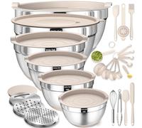 Mixing Bowls with Airtight Lids Set, 26PCS Stainless Steel Khaki Bowls with Grater Attachments, Non-Slip Bottoms & Kitchen Gadgets Set, Size 7, 4, 2.5, 2.0,1.5, 1QT, Great for Mixing & Serving