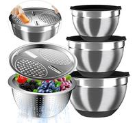 Mixing Bowls with Airtight Lids, Stainless Steel Mixing Bowl Set with 3 Metal Nesting Bowls, Colander & Grater, Non-Slip Bottoms, Size 1.5, 2.5, 5 QT, Great for Mixing & Serving, Black