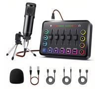 Mixing panel podcasting equipment including audio and streaming microphone for video production (Tripod model)