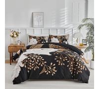 mixinni Floral Duvet Cover King Size, 3 Pieces White Flowers and Gold Leaves Printed on Black Bedding Set, Soft Premium Cotton Reversible Elegant Floral Duvet Cover Set for All Season-King Size