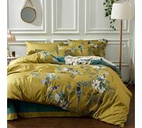 mixinni Floral Duvet Cover Set Full Soft Cotton White Flowers Birds Bedding with Zipper Closure 2 Pillowcases Leaf Printed Yellow Comter Set-Easy Care, and Durable-Full Size, Gold (MI05288-Full)