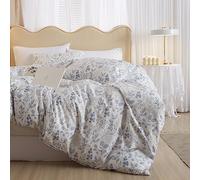 mixinni Garden Style Blue Flowers Leaves Duvet Cover King Size Soft Cotton Floral Printed Bedding Comforter Cover Set for Him and Her-(3pcs, King Size)